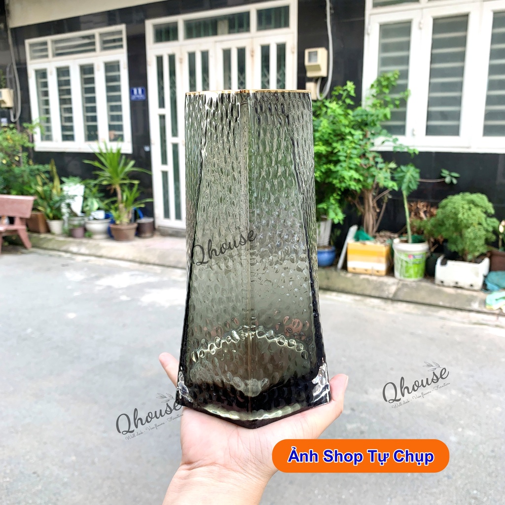 Lọ hoa thủy tinh sơn vàng cao cấp, bình hoa trang trí decor phong cách Bắc Âu Nordic, miệng tam giác độc đáo