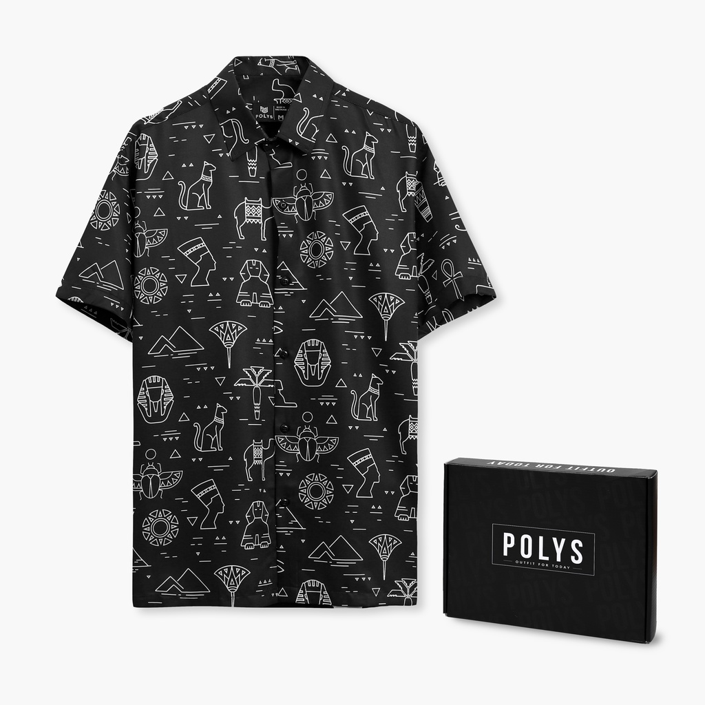 Áo sơ mi nam POLYS Fullbox chính hãng, Lụa Vân Chéo thoáng mát, không nhăn Áo sơ mi tay ngắn họa tiết Ký Tự Ai Cập EGYPT