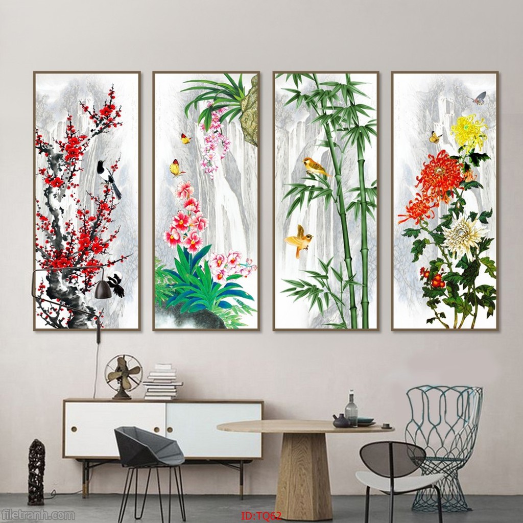 Tranh Tứ Quý Chất Liệu Canvas Có Khung Viền - Tranh Decor Phong Thủy Trang Trí Phòng Khách