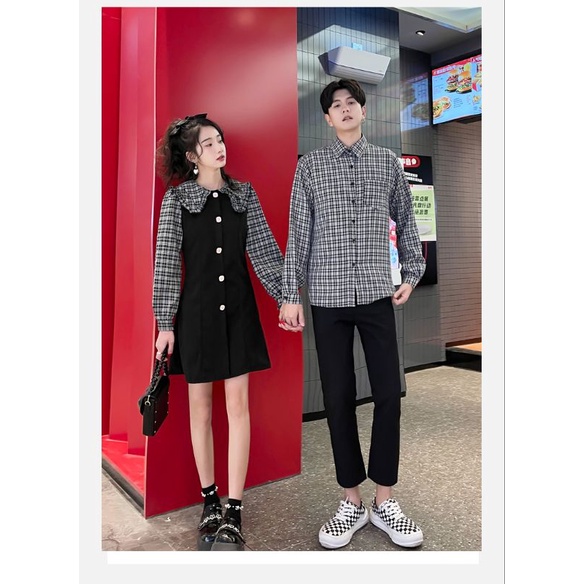 New oder. Set đồ đôi tình nhân, váy đầm cổ sen áo sơ mi kẻ caro nam.