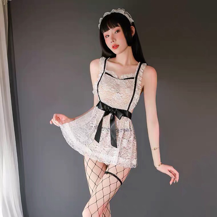 Đồ ngủ sexy cosplay hầu hái ren hoa xuyên thấu trắng cao cấp + quần chip G-string | BigBuy360 - bigbuy360.vn