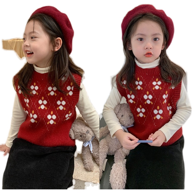 Áo Len Không Tay Cổ Tròn Họa Tiết Hoa Thời Trang Thu Đông Cho Bé