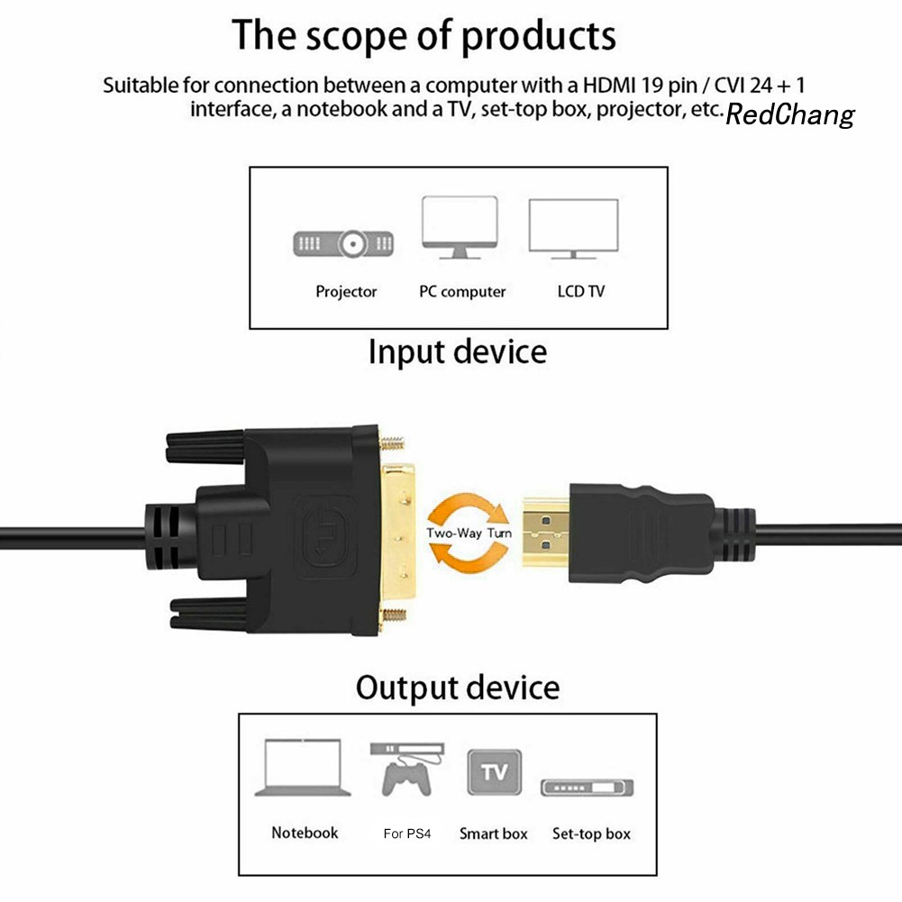 -SPQ- HDMI to DVI Cable Adapter 24+1 Pin Male 1080P Converter Wire Cord for TV Laptop