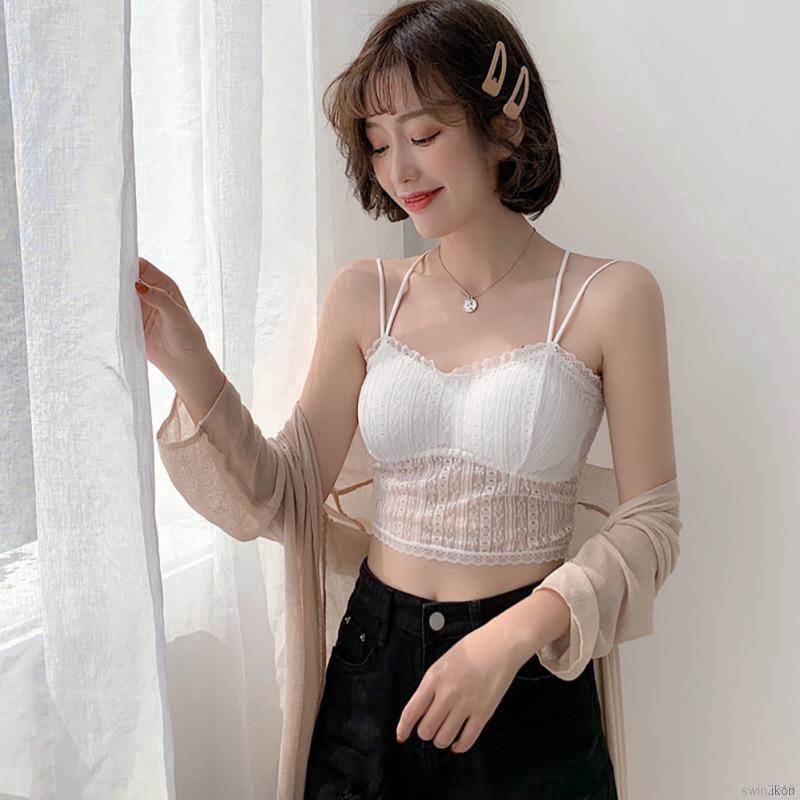 Áo Tank Top Phối Ren Hoa Thiết Kế Màu Trơn Thanh Lịch