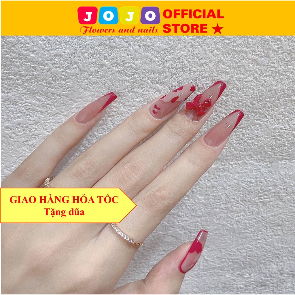Móng tay giả đính nơ dài vuông Jojo X22 móng giả nailbox thời trang kute kèm keo dán tự làm tại nhà