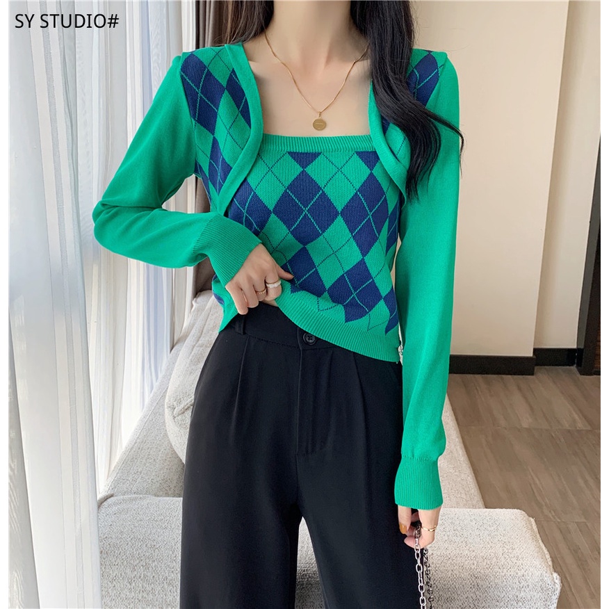 SUXI Áo croptop dệt kim tay dài phong cách Hàn Quốc