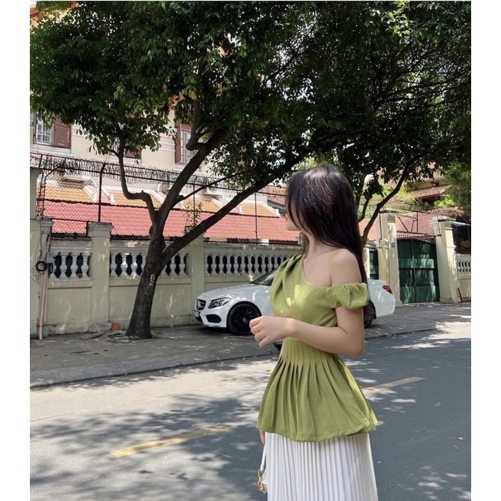 SET ÁO LỆCH VAI PEPLUM XANH + CHÂN VÂY MIDI TRẮNG MS259
