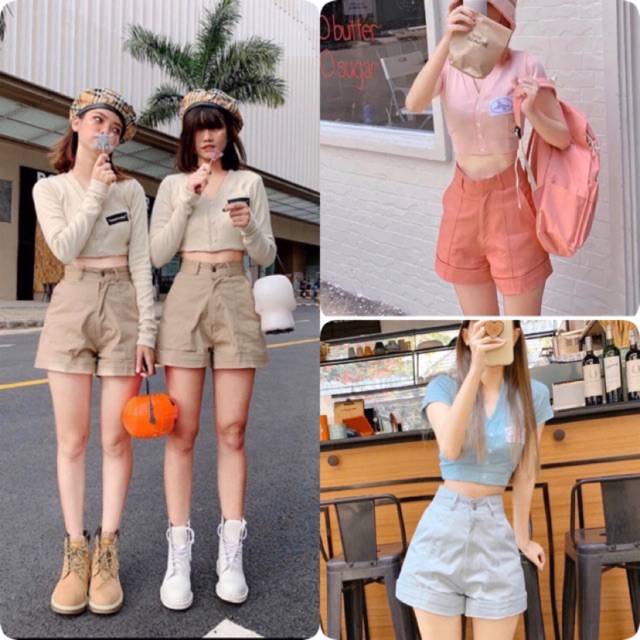 Set (áo croptop nữ tay dài + quần short lưng cao ống rộng)