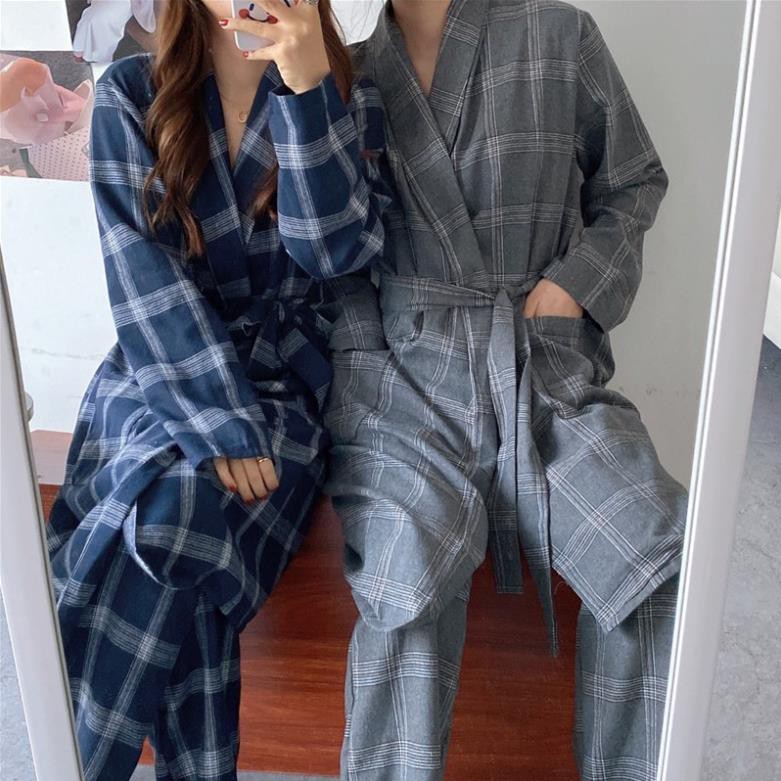 Bộ đồ ngủ pijama cao cấp - đồ đôi nam nữ mặc nhà kẻ caro phong cách retro đơn giản new ⚡ *