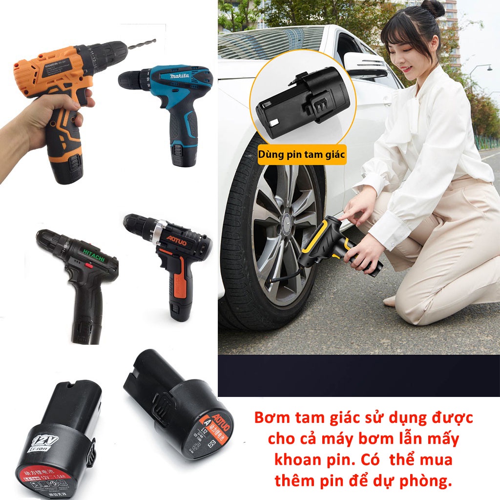 Bơm lốp dùng pin tam giác 12v nhiều phụ kiện kèm theo