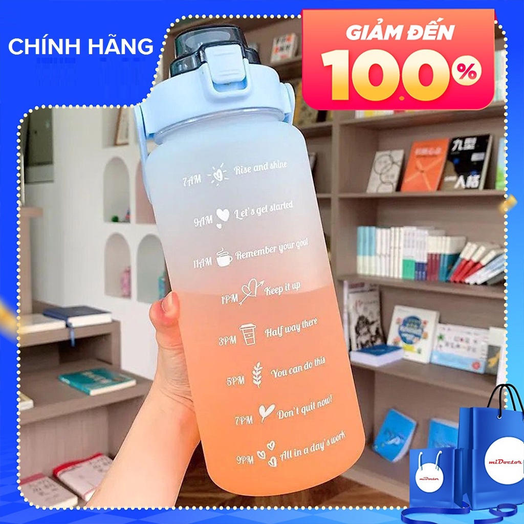 Bình dành cho người lười uống nước, có vạch chia nhắc báo giờ uống nước TẶNG ống hút xịn và sticker dễ thương - miDoctor