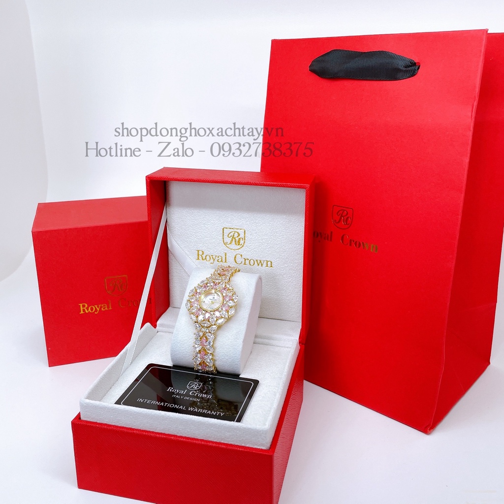 Đồng Hồ Nữ Royal Crown 2035 Đá Trắng Hồng Gold 34mm