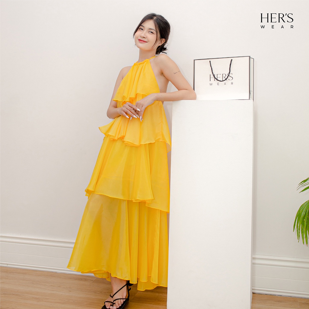 HER's Wear - Đầm maxi bốn tầng cổ cột nơ yếm, dáng dài, chất liệu voan lụa màu vàng hàng thiết kế (Đầy đủ Box)