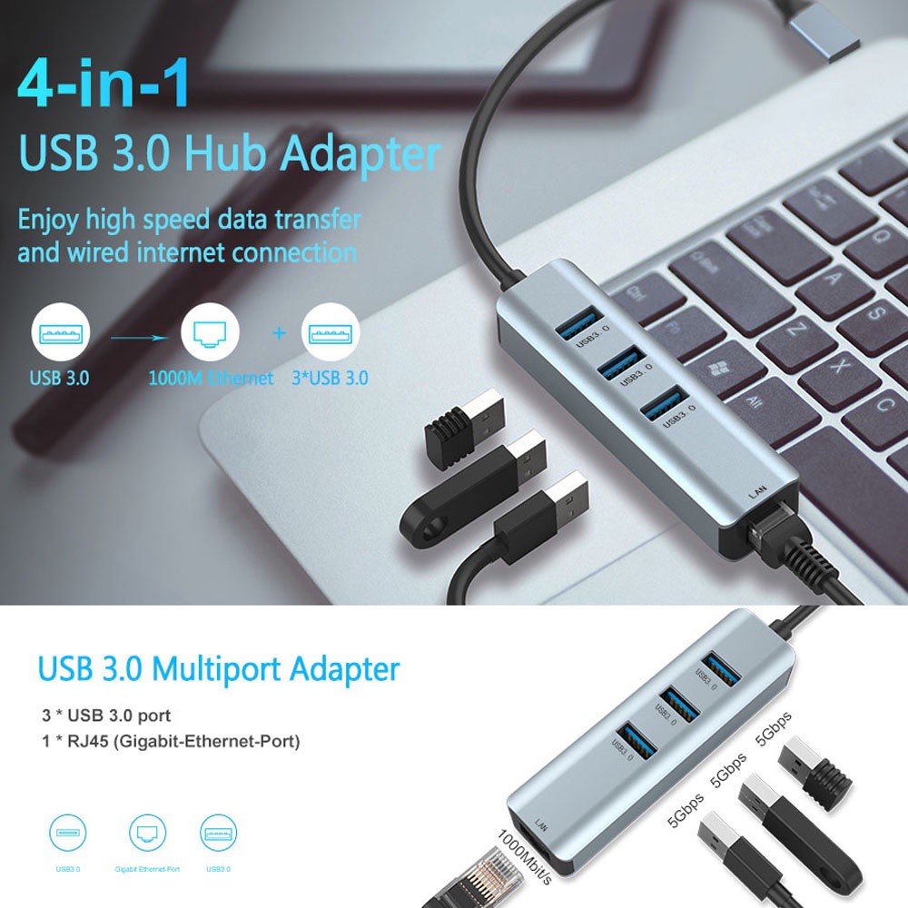 AUGUSTINA Durable USB 3.0 Hub 10/100/1000 Gigabit Network Hubs Ethernet Adapter Portable USB 3.0 with RJ45 3-Port Networking/Multicolor