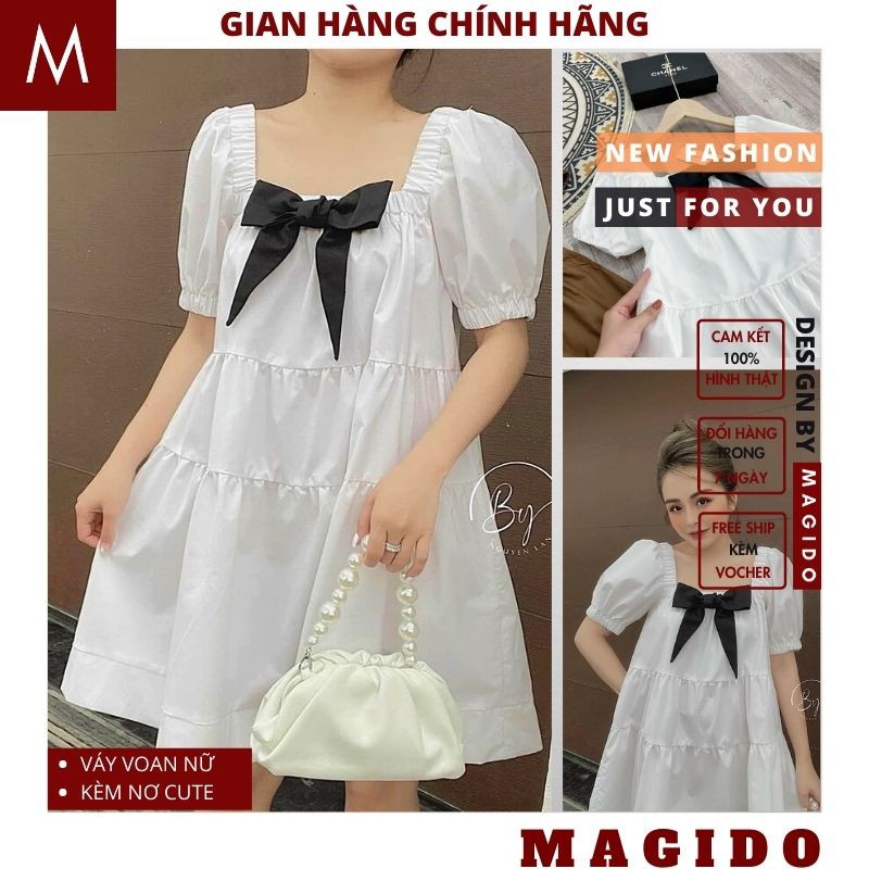 Váy Babydoll Nữ Dáng Xoè 3 Màu 💚 Đầm Nữ Tay Bồng Cổ Nơ Siêu Xinh ( Có kèm ảnh và thật ) ĐẦM trắng BÁNH BÈO CUTE ,MAGIDO