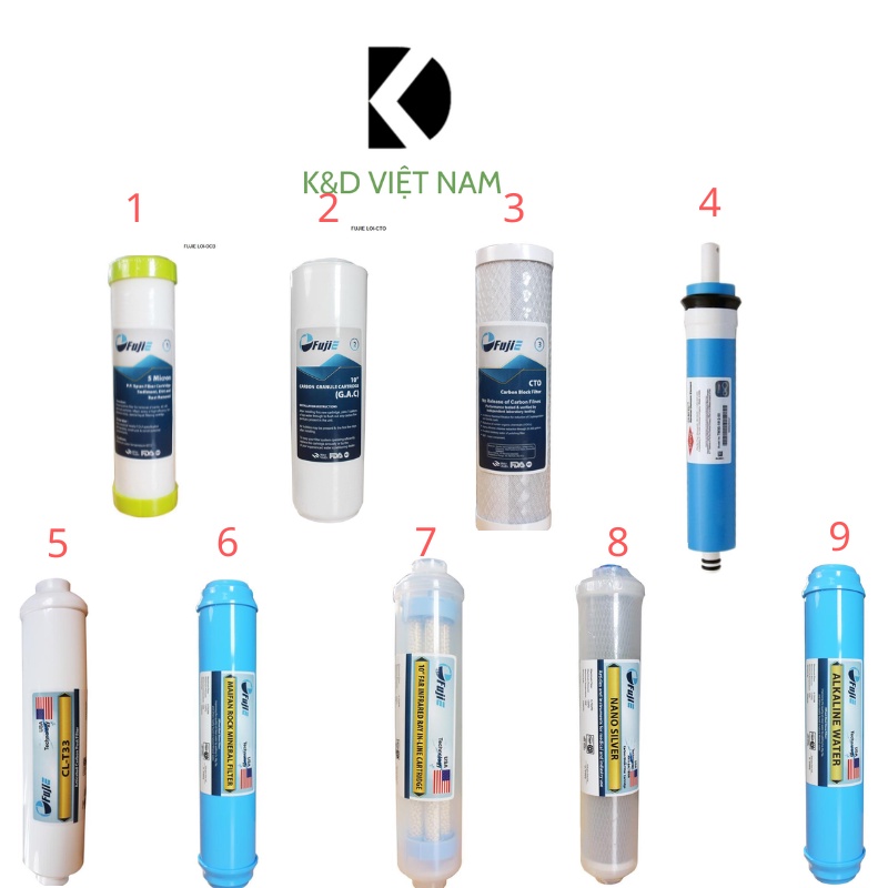 Trọn bộ Combo 9 lõi lọc nước Fujie chính hãng 123456789 - T33, Khoáng đá, Nano, Hồng ngoại, Alkaline