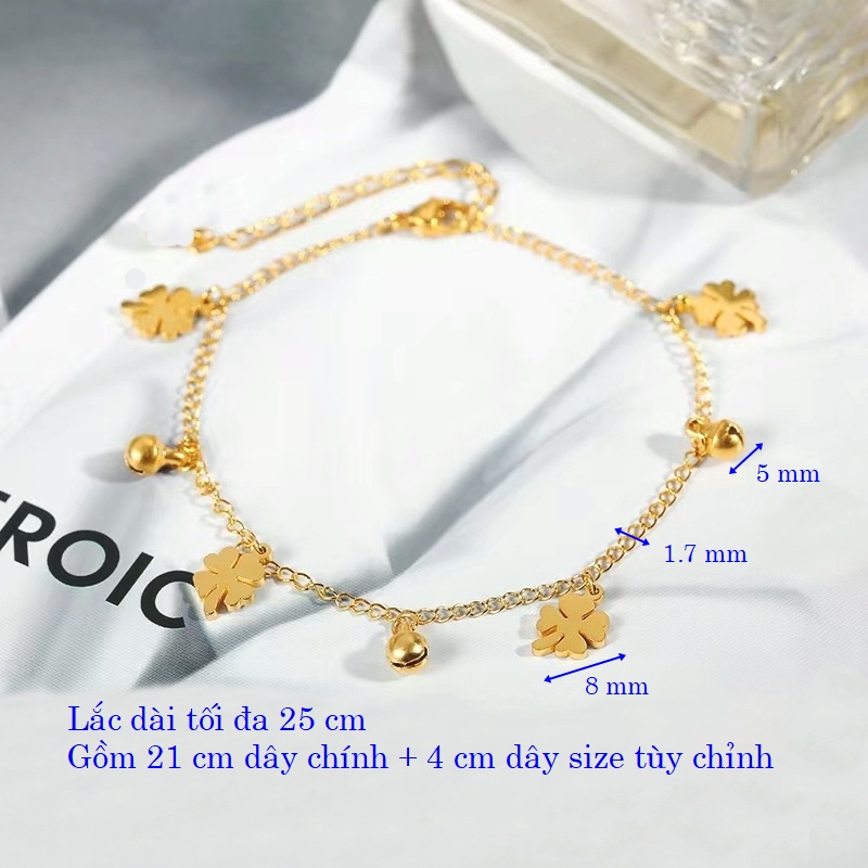 Lắc chân nữ titan không đen gỉ mặt cỏ bốn lá may mắn gắn chuông cá tính