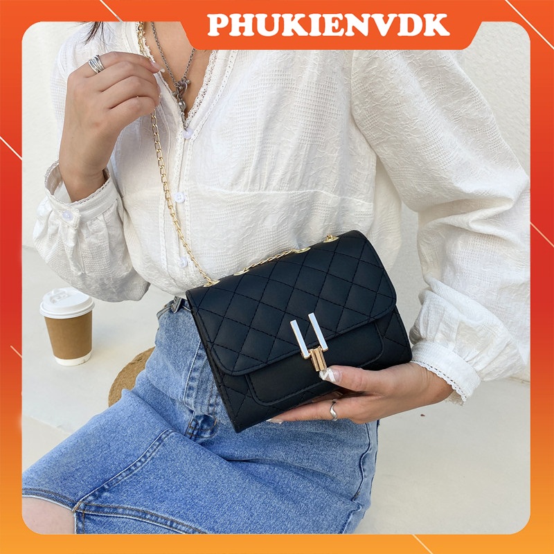 Túi xách nữ xếp li túi đeo chéo họa tiết caro khóa chữ Y