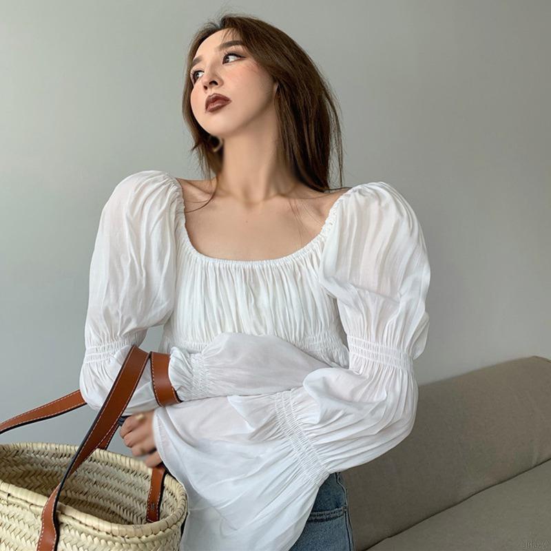 Áo Tay Phồng Dài Cổ Vuông Màu Sắc Gợi Cảm Phong Cách Hàn Quốc Cho Nữ