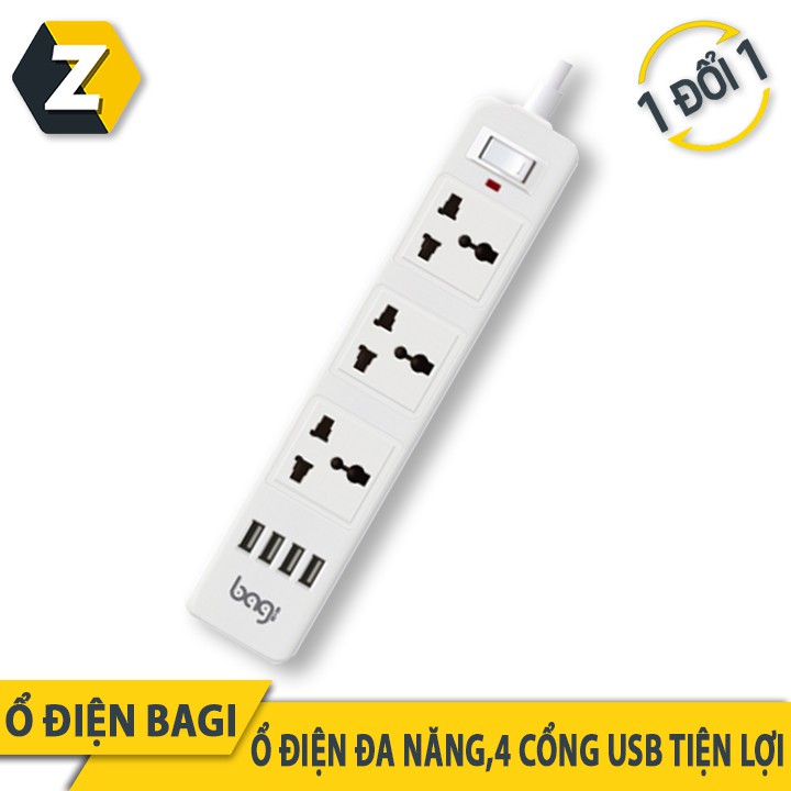 Ổ cắm điện USB - Ổ cắm đăng kéo dài 3 ổ điện 4 cổng usb Bagi