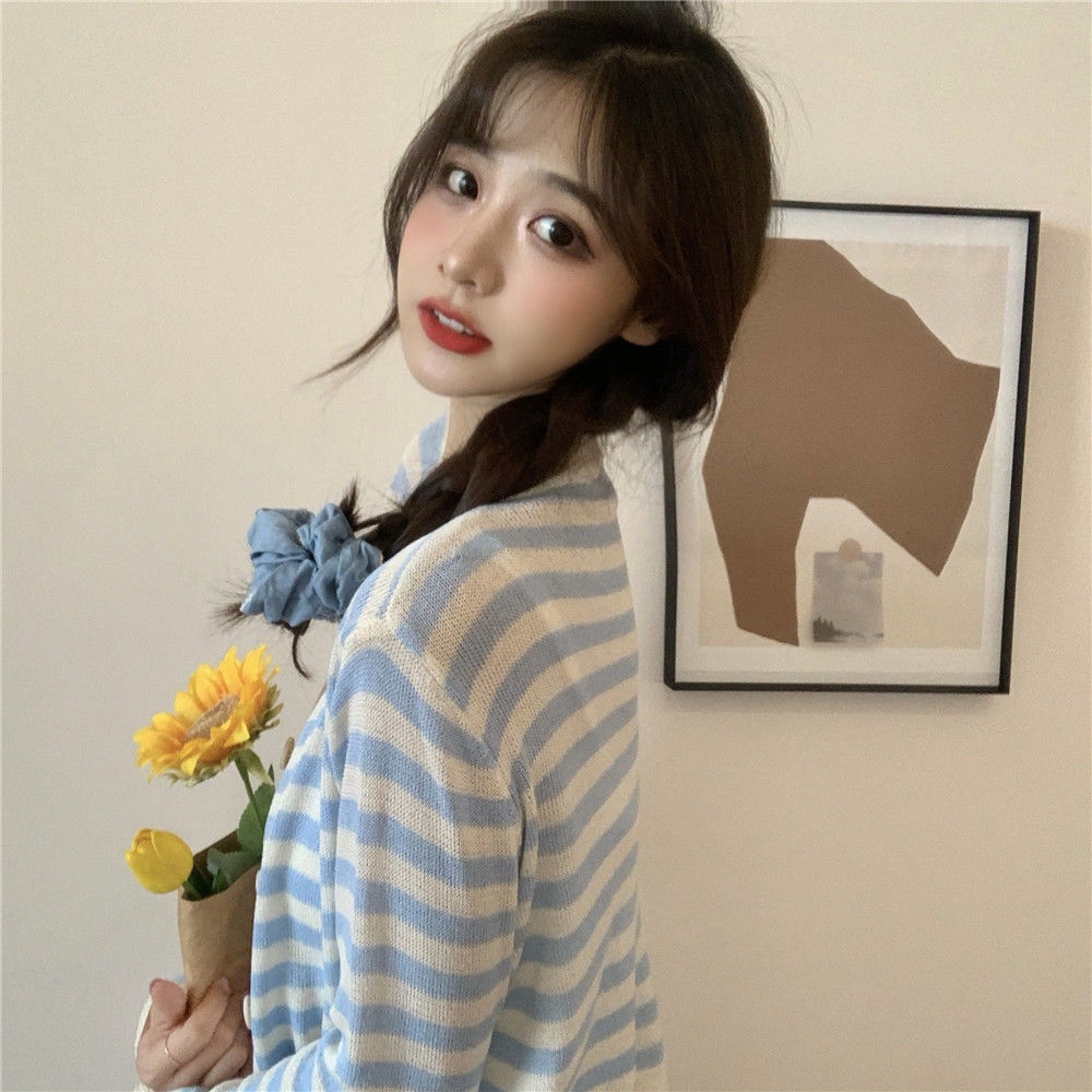 Áo Cardigan cổ tròn dáng rộng kẻ sọc xinh xắn theo phong cách hàn quốc