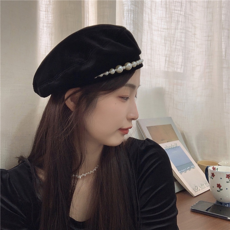 Mũ Beret Nhung Đính Ngọc Trai Thời Trang Thu Đông Hàn Quốc Cho Nữ