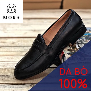 Moka - Giày lười nam công sở da trơn đai cánh én màu đen, da bò thật 100% , đế cao su đúc chống trơn trượt Mã GD02