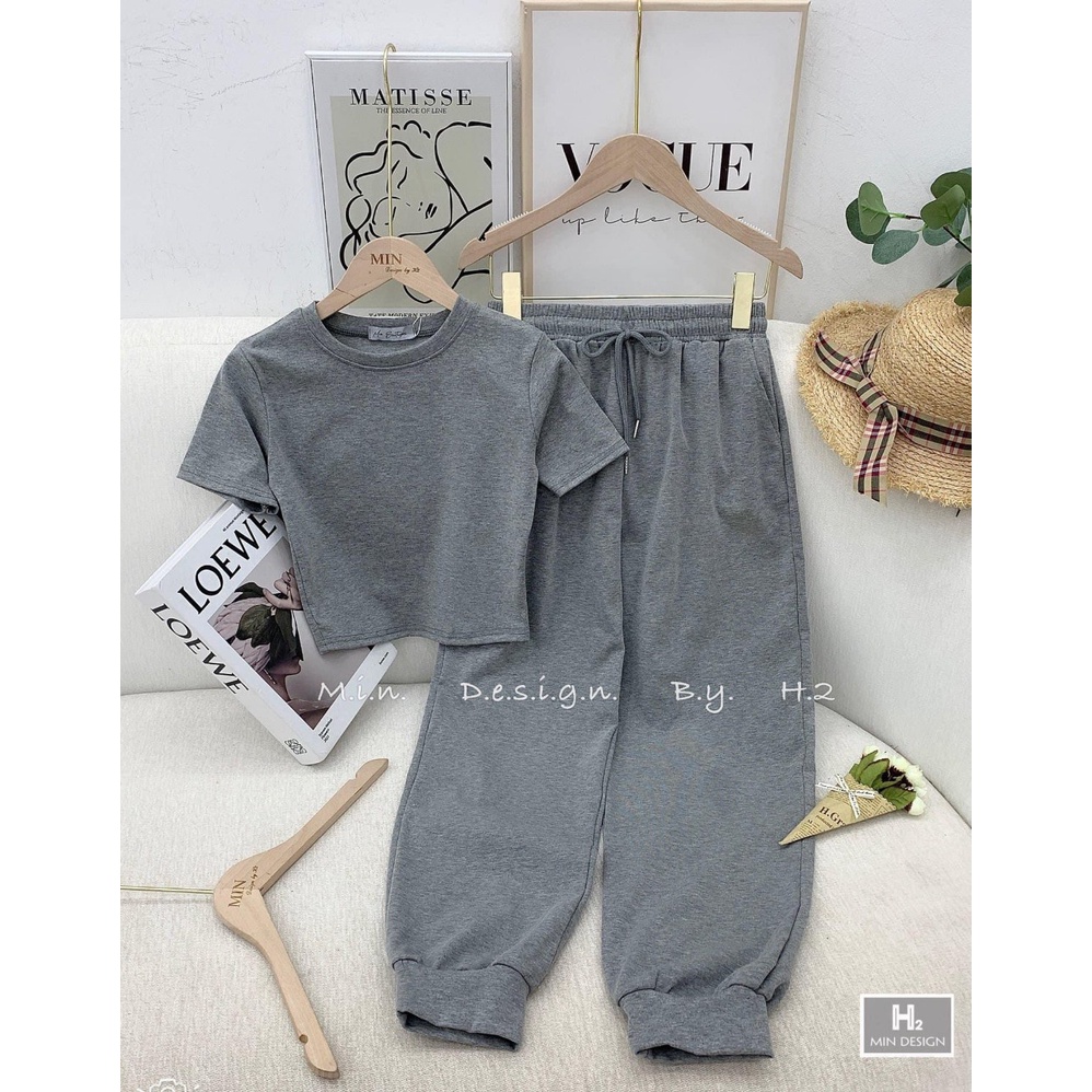 Bộ Áo Croptop Quần Jogger Nữ 🦋 Set Áo Cộc Tay Quần Thun Ống Rộng 2 Màu 🦋