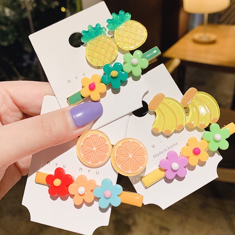 Bộ 2 Kẹp Tóc Trang Trí Trái Cây Và Bông Hoa Nhiều Màu Sắc Phong Cách Hàn Quốc Đáng Yêu