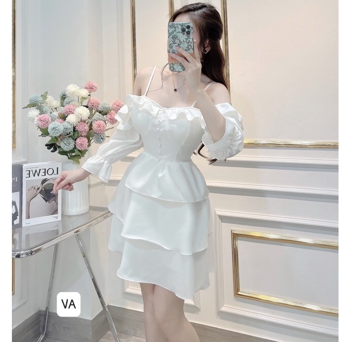Váy Tơ Thiết Kế Bệt Vai Ba Tầng Một Màu Kiểu Dáng Hàn Quốc Cao Cấp | BigBuy360 - bigbuy360.vn
