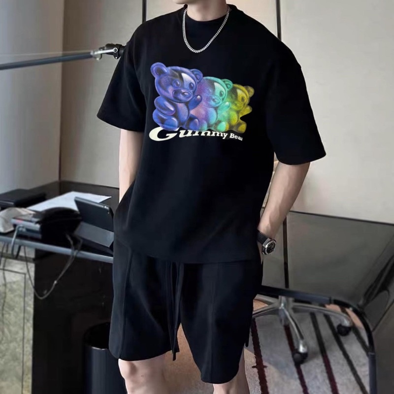 Áo thun tay lỡ unisex,form rộng in hình Gummy bear màu đen
