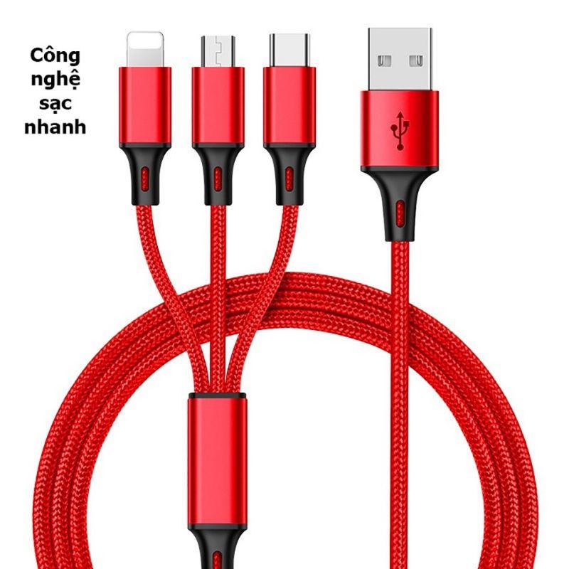 Dây cáp sạc nhanh 3 đầu bọc dù cao cấp tương thích với tất cả loại máy
