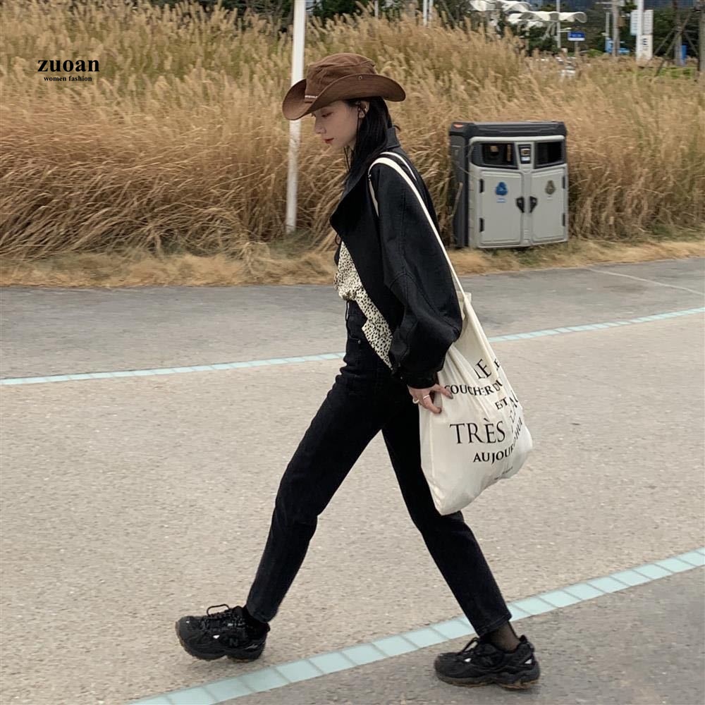 SUXI Quần jean dài lưng cao ống rộng màu đen phong cách Hàn Quốc trẻ trung hợp thời trang