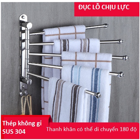 Giá treo khăn nhà tắm RICHTRE thanh di chuyển 180 độ, chất liệu inox 304 dính keo hoặc bắn vít siêu chắc có móc treo đồ