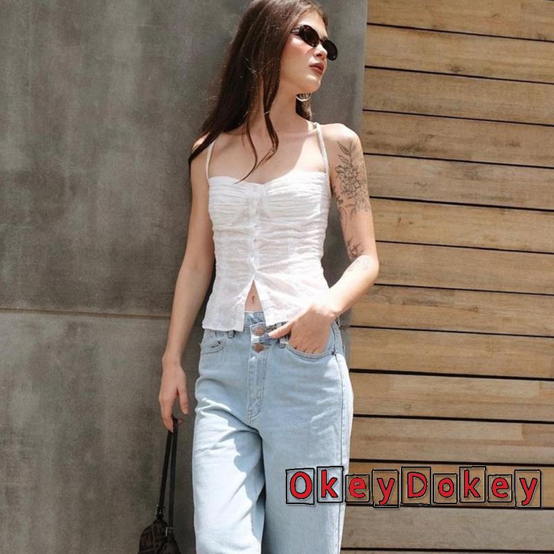 Áo Tank Top Hai Dây Mỏng Cài Nút Họa Tiết Hoa Khoét Rỗng Cho Nữ