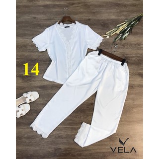 Bộ đồ ngủ quần dài phối Ren Cổ Tim lụa Satin VELA