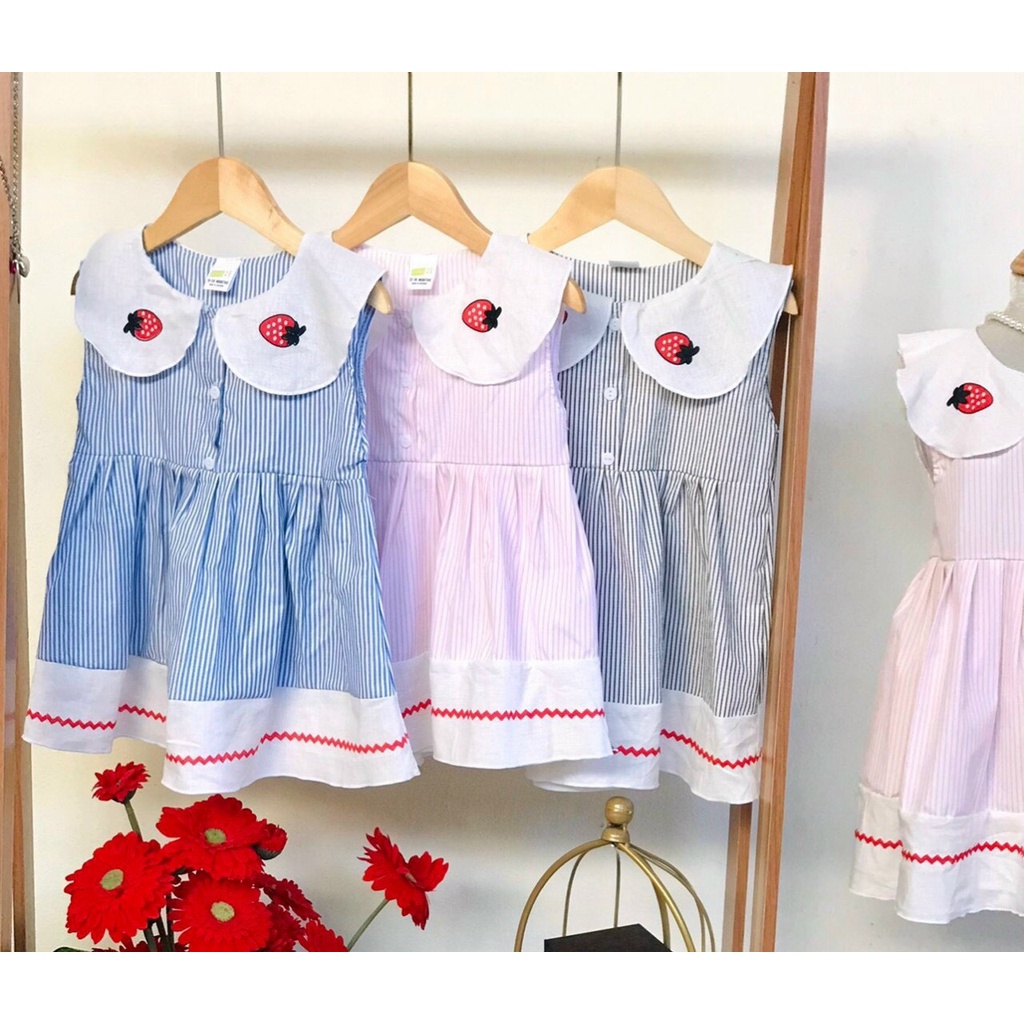 Váy đầm bé gái, váy thô kẻ cổ sen xinh xắn cho bé mặc hè size to 2-6 tuổi