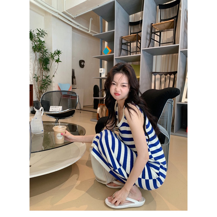 Đầm Dài Không Tay Họa Tiết Sọc Thời Trang Cho Nữ