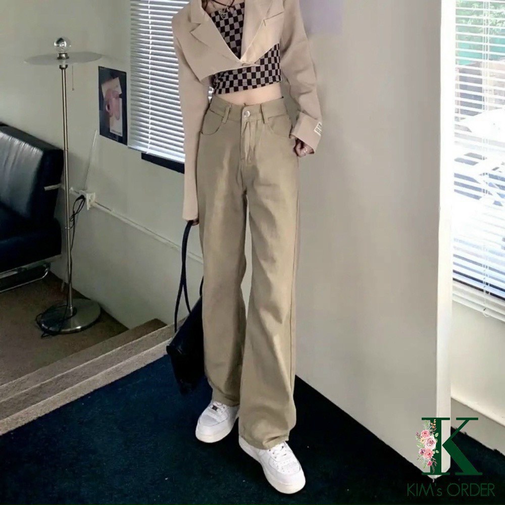 Quần jean nữ/Quần bò ống suông lưng cao phong cách ulzzang chất liệu jean mềm đẹp màu nâu be siêu hot RÔ STORE QD36