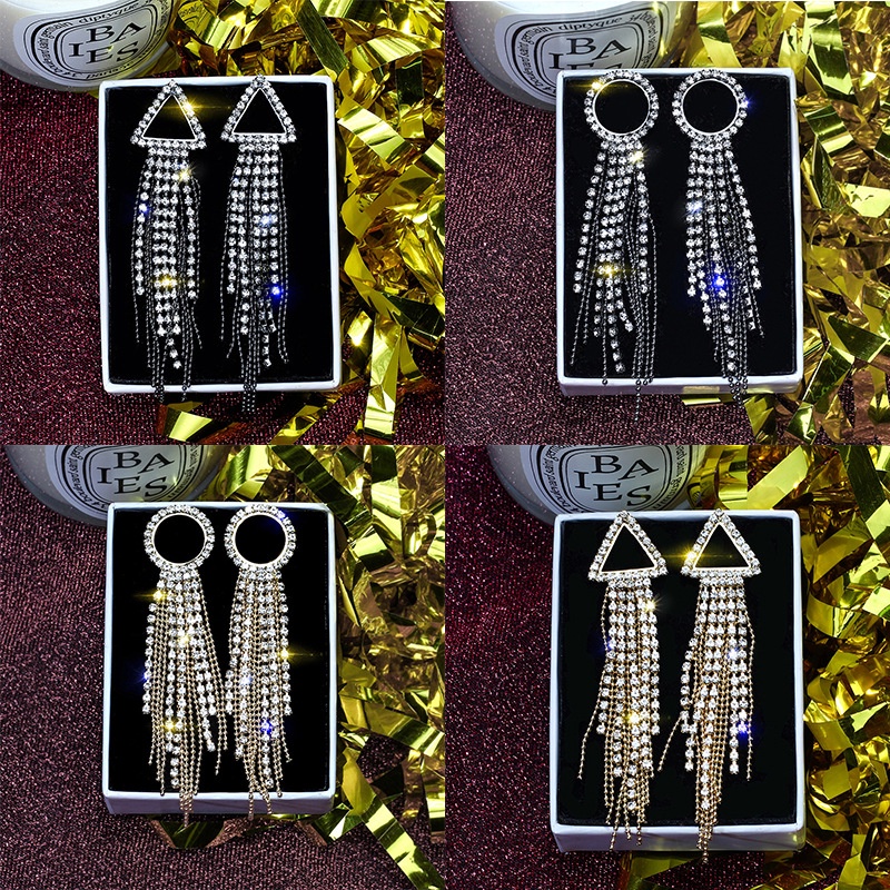 Đôi Khuyên Tai Dài Hình Tam Giác Đính Đá Thời Trang Cho Nữ