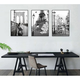 Tranh bộ 3 trang trí quán cà phê trà sữa Phong Cảnh Nước Pháp Trắng Đen chất liệu bóng kiếng hoặc kim sa 112PC