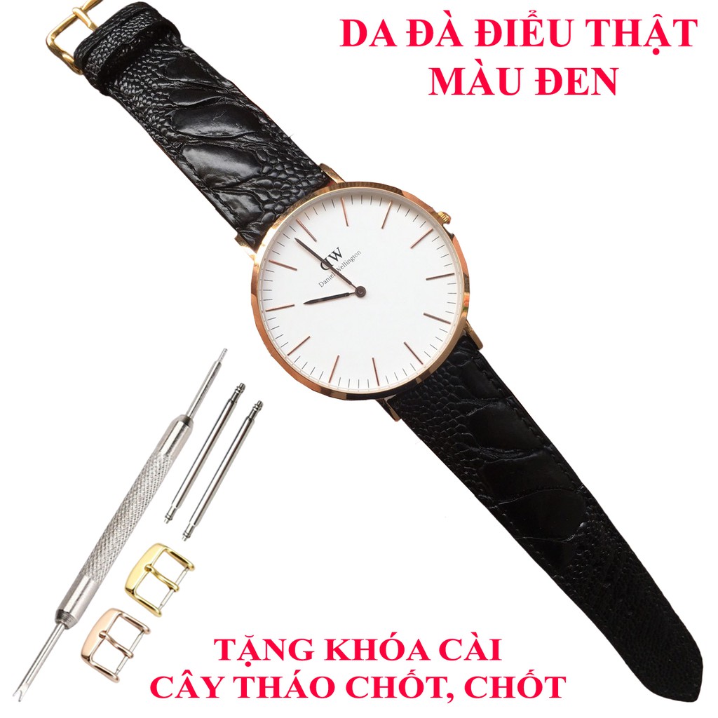 Dây Da Đồng Hồ Đà Điểu Thật Màu Đen Cho Nam Đủ Size