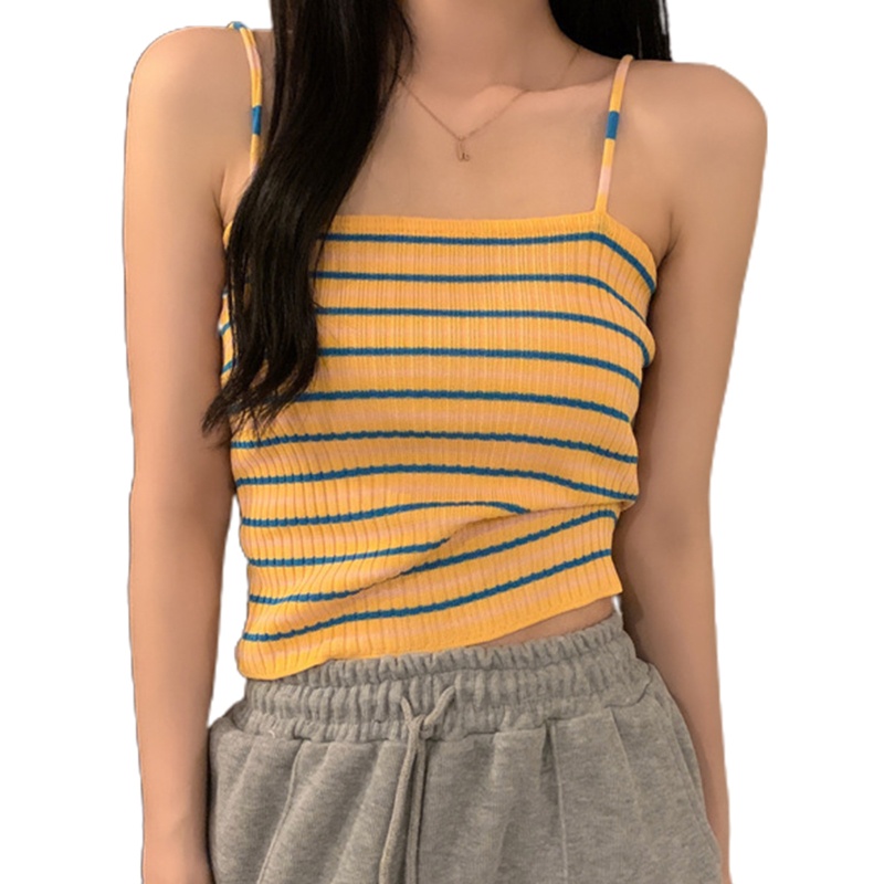 Áo Croptop Hai Dây Dệt Kim Ôm Dáng Họa Tiết Kẻ Sọc Nhiều Màu Cho Nữ