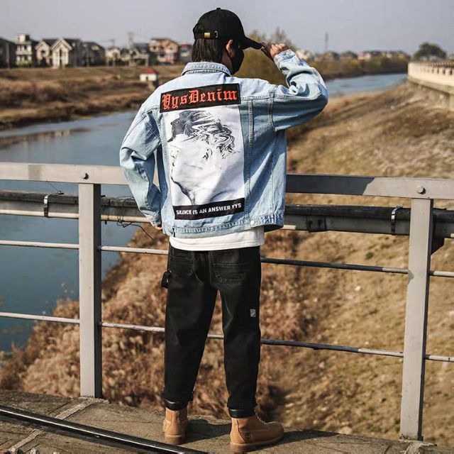 Áo khoác jean Denim Hàn Quốc xanh xám và đen cổ điển form rộng loại 1