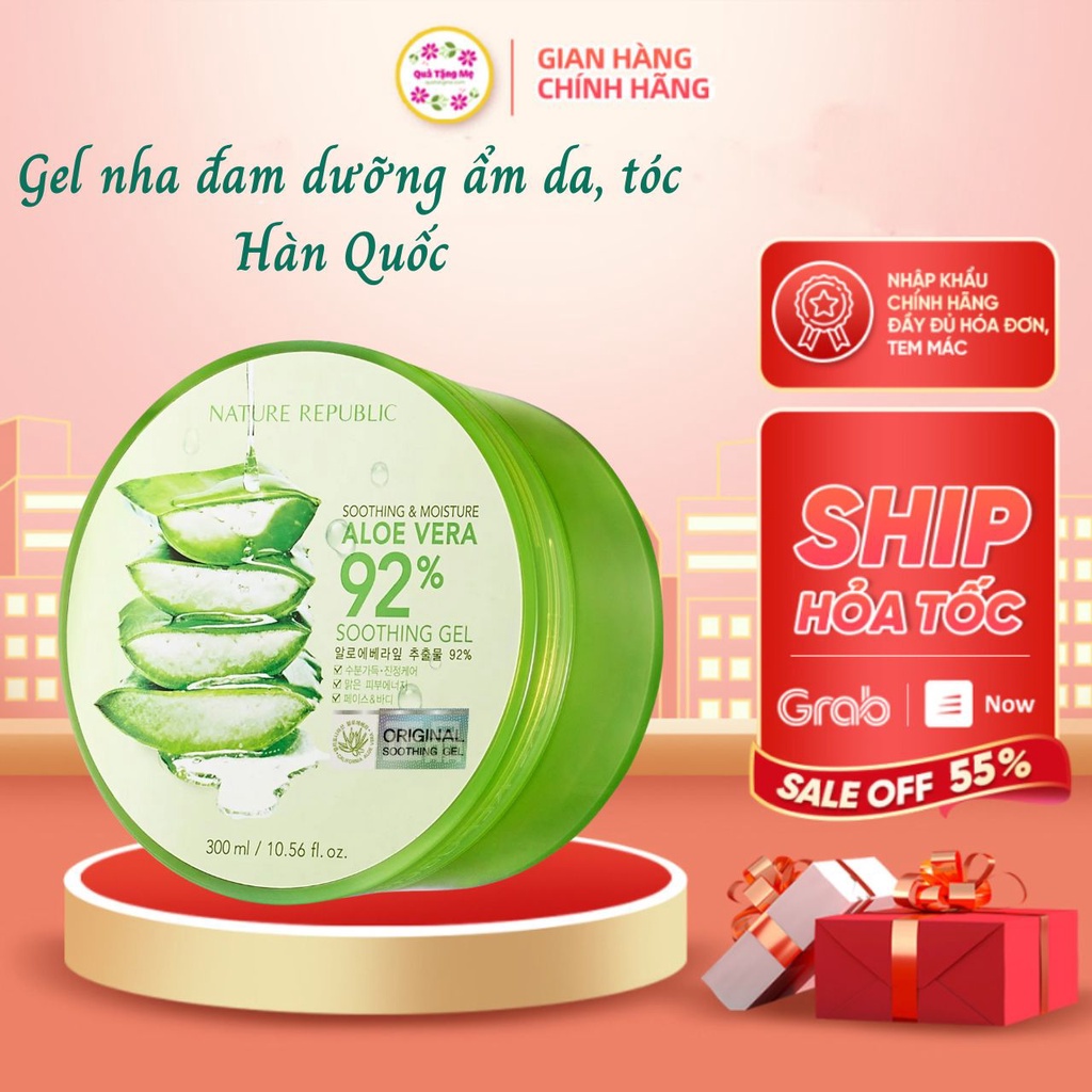 Dưỡng ẩm da, tóc Hàn Quốc Nature Republic Soothing &amp; Moisture Aloe Vera 92% Soothing Gel 300ml Quatangme