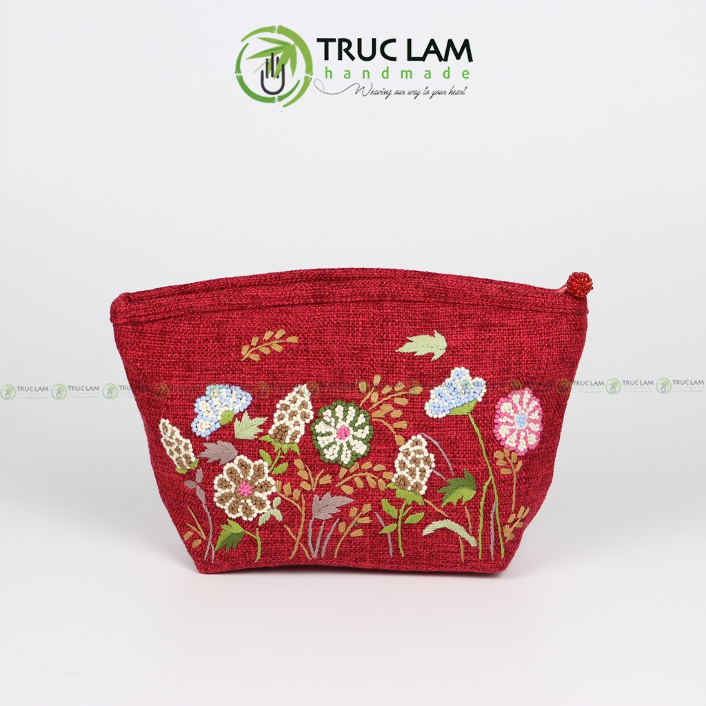 Ví Cầm Tay Nữ Vải Gai Họa Tiết Hoa Cỏ Sa Hạt Thêu Tay 2 Mặt - Trúc Lâm Handmade
