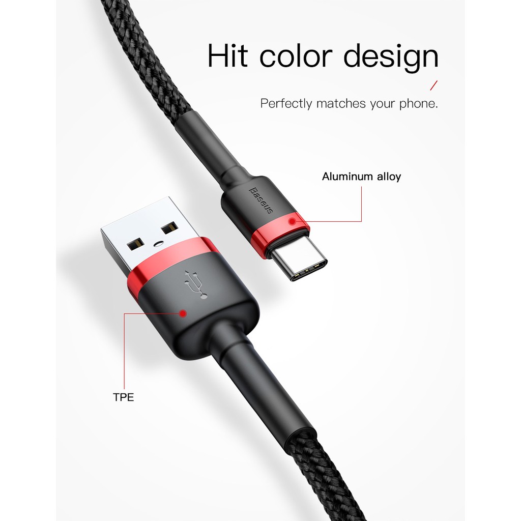 Cáp sạc Baseus Cafule Type C 2m cho Samsung S8/S9/ Note8/ Note9/ Xiaomi/ Huawei/ Oppo/Nokia