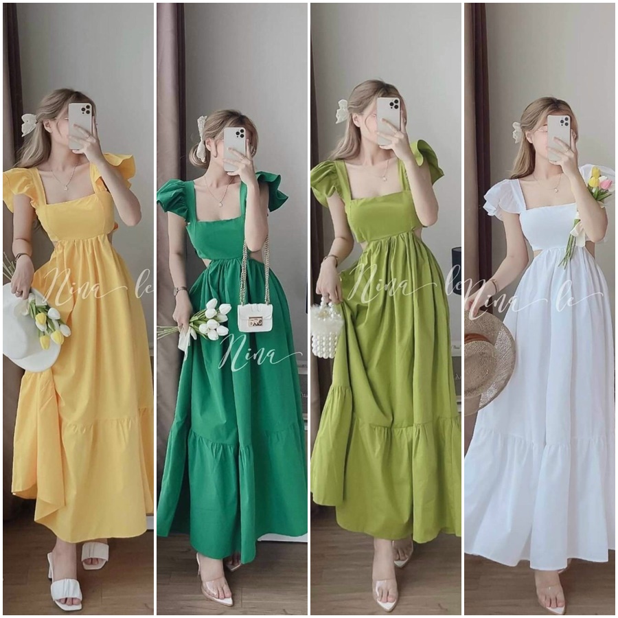 Đầm maxi đi biển khoét eo cổ vuông bèo vai sang chảnh nhiều màu rực rỡ (sẵn mút)