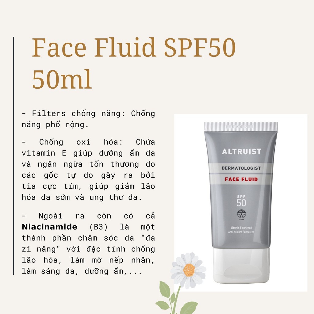 Kem Chống Nắng Cấp Ẩm, Dưỡng Da Sáng Mịn Altruist Dermatologist Face Fluid SPF50 50ml