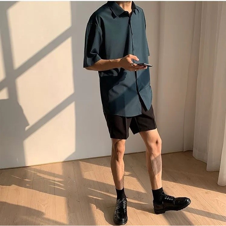 Áo sơ mi ngắn tay nam Form rộng Unisex Basic cổ bẻ, sơ mi công sở phong cách Hàn Quốc 7 màu sắc đa dạng